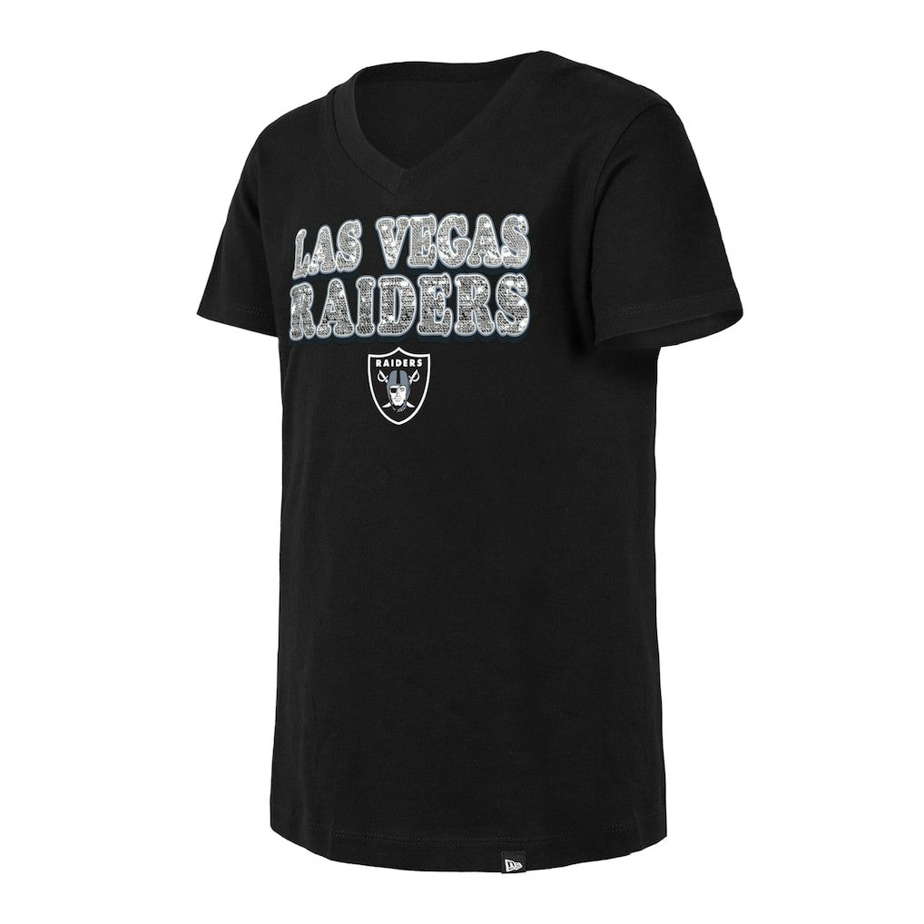 Las Vegas Raiders New Era Girls Youth Reverse Sequin V-Neck T-Shirt - Black - NFL