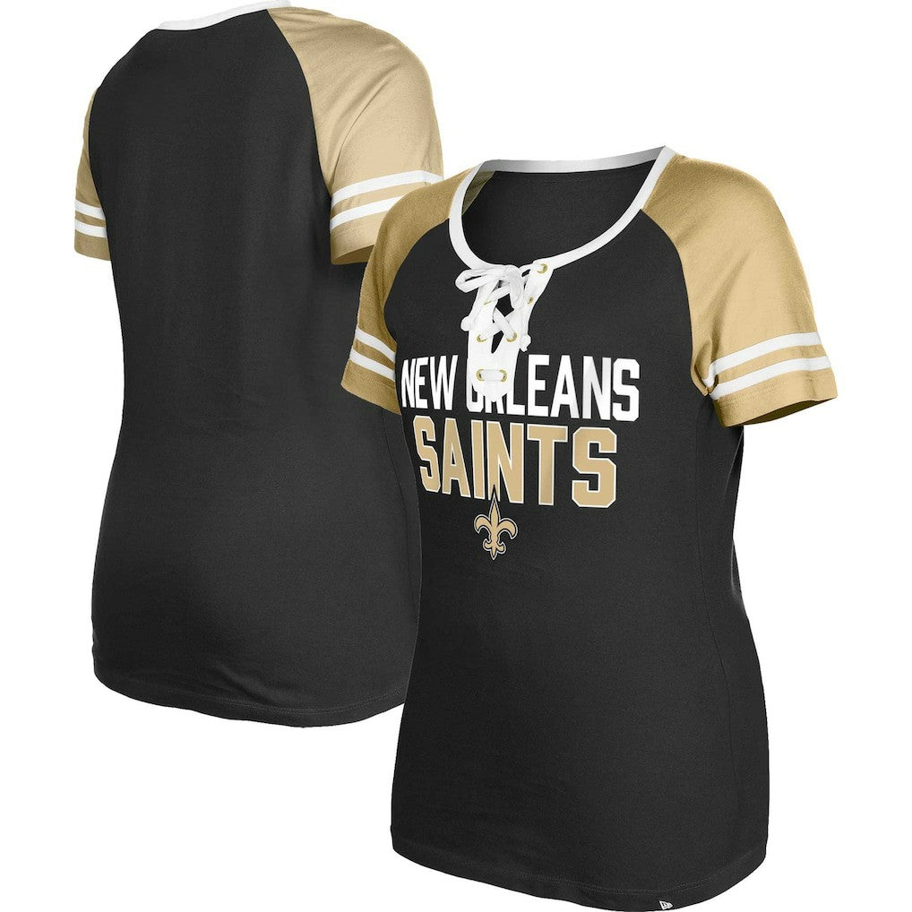 New Orleans Saints New Era Women's Raglan Lace-Up T-Shirt - Black - NFL