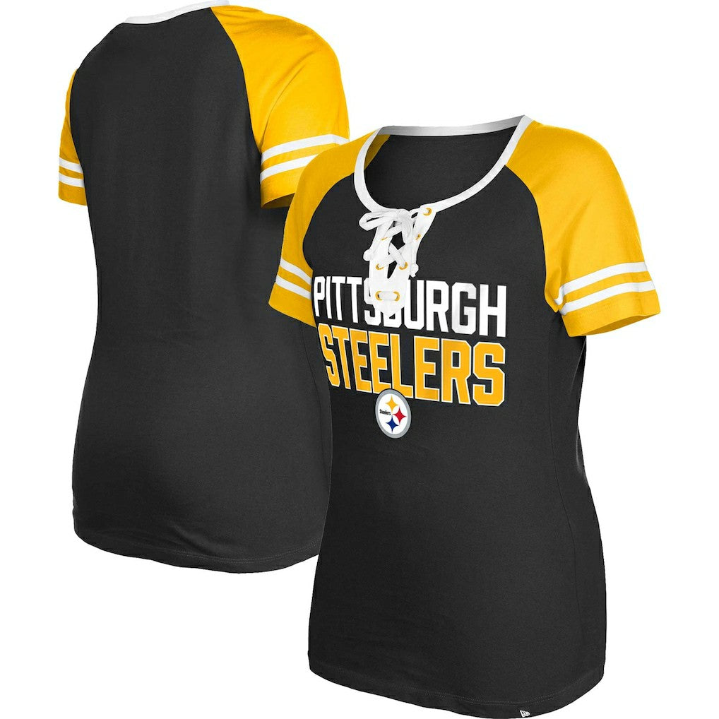 Pittsburgh Steelers New Era Women's Raglan Lace-Up T-Shirt - Black - NFL