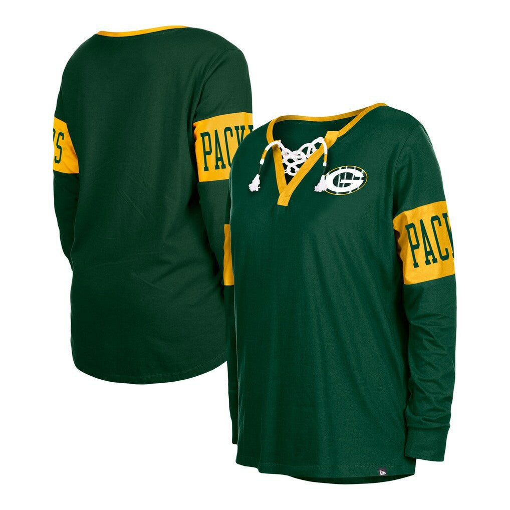 Green Bay Packers New Era Women's Lace-Up Notch Neck Long Sleeve T-Shirt - Green - NFL