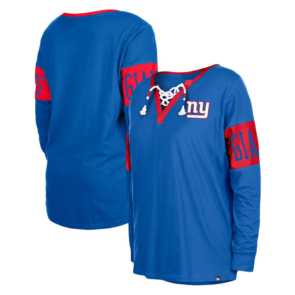 New York Giants New Era Women's Lace-Up Notch Neck Long Sleeve T-Shirt - Royal - NFL