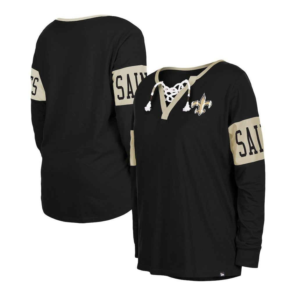 New Orleans Saints New Era Women's Lace-Up Notch Neck Long Sleeve T-Shirt - Black - NFL
