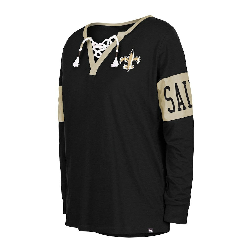 New Orleans Saints New Era Women's Lace-Up Notch Neck Long Sleeve T-Shirt - Black - NFL