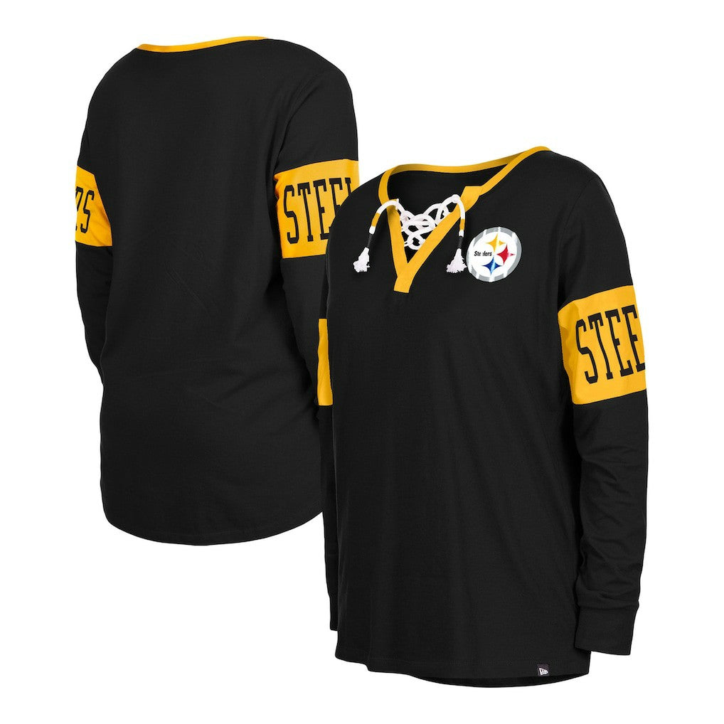 Pittsburgh Steelers New Era Women's Lace-Up Notch Neck Long Sleeve T-Shirt - Black - NFL