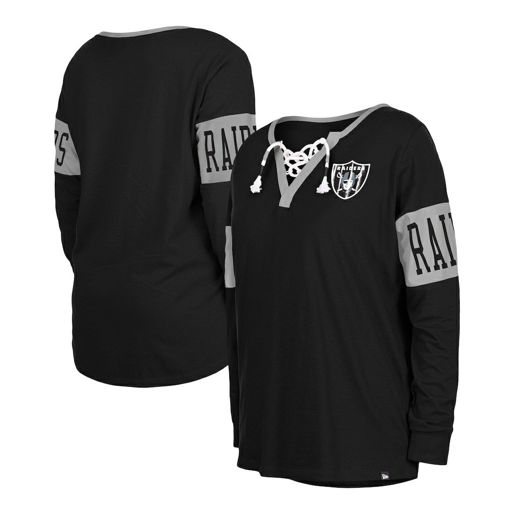 Las Vegas Raiders New Era Women's Lace-Up Notch Neck Long Sleeve T-Shirt - Black - NFL