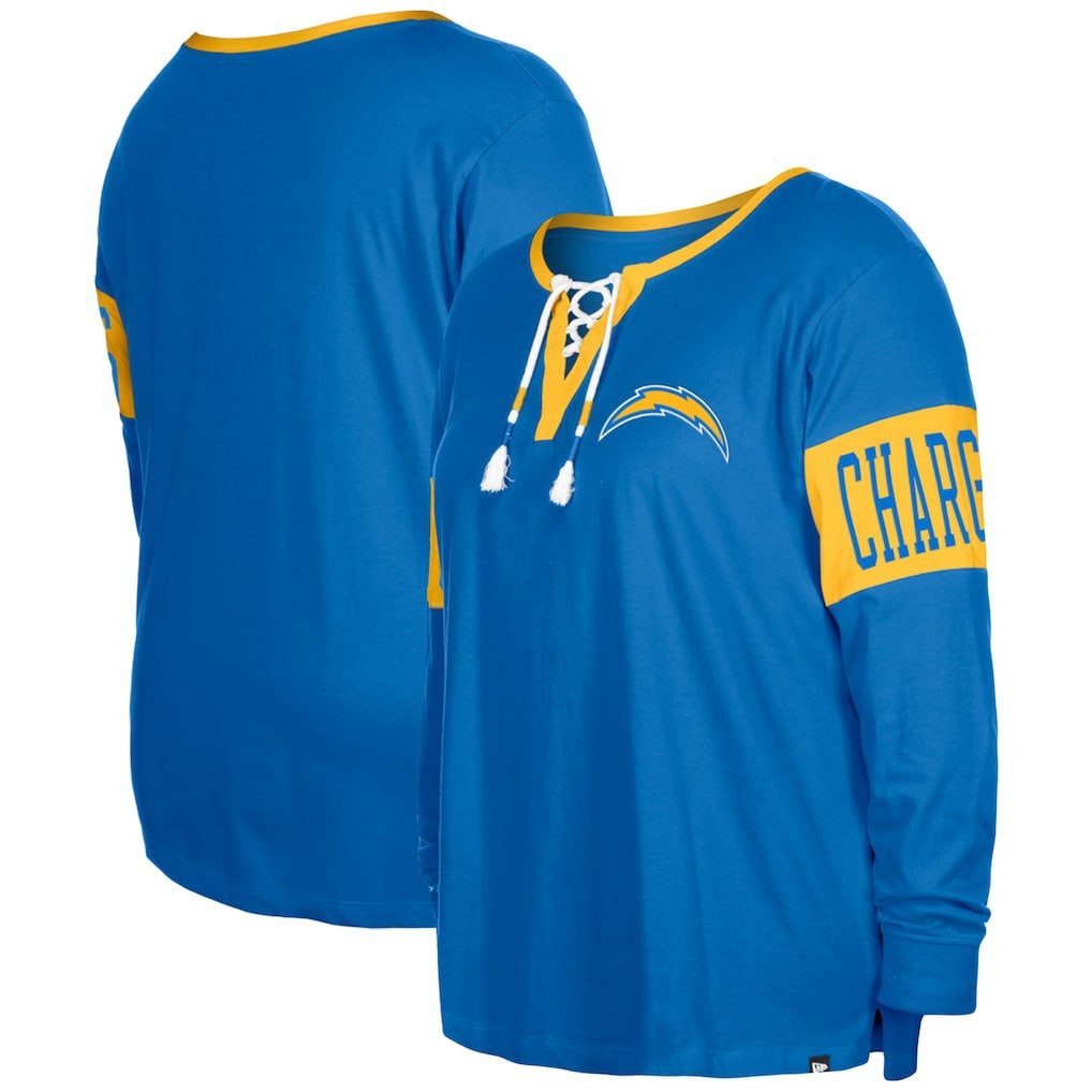 Los Angeles Chargers New Era Women's Plus Size Lace-Up Notch Neck Long Sleeve T-Shirt - Powder Blue - NFL