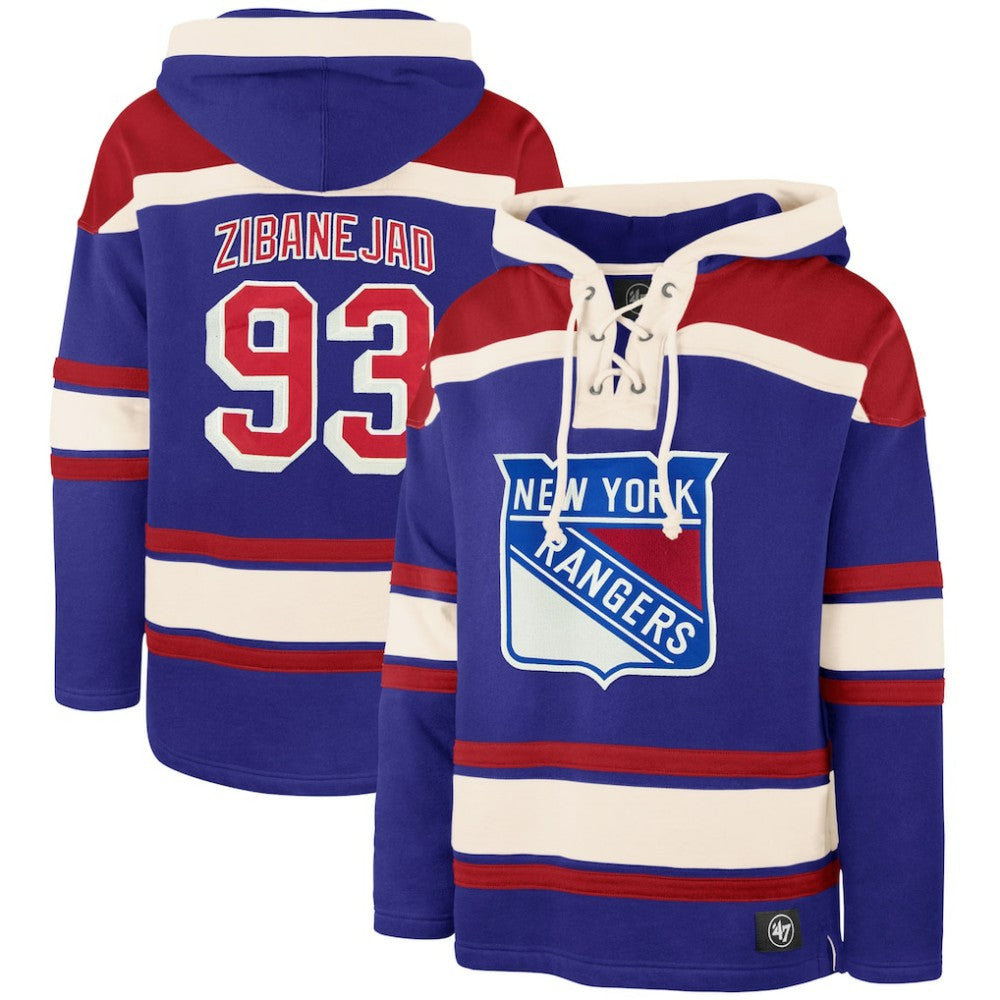 Mika Zibanejad New York Rangers '47 Player Name & Number Lacer Pullover Hoodie - Blue | 47 brand Lifestyle