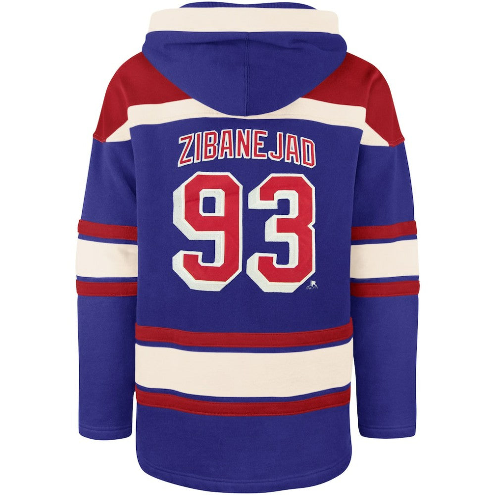 Mika Zibanejad New York Rangers '47 Player Name & Number Lacer Pullover Hoodie - Blue | 47 brand Lifestyle