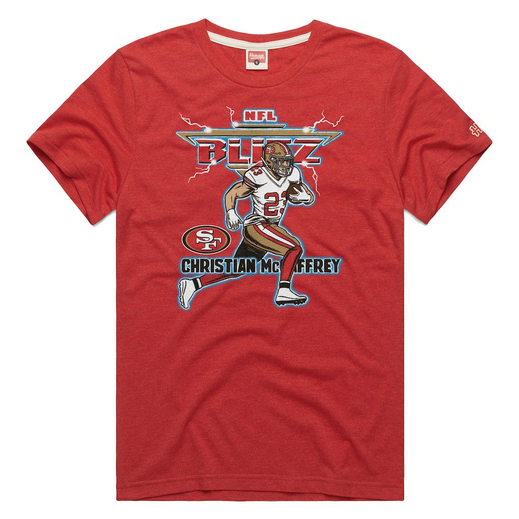 Christian McCaffrey San Francisco 49ers Homage Unisex NFL Blitz Player Tri-Blend T-Shirt - Heathered Scarlet - NFL