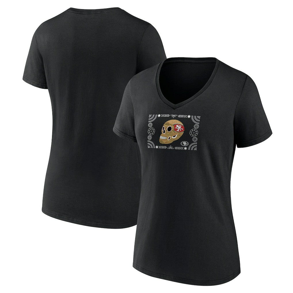 San Francisco 49ers Women's Sugar Skull V-Neck T-Shirt - Black - NFL