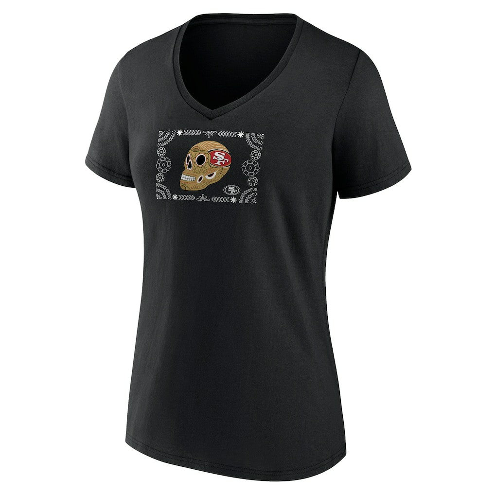 San Francisco 49ers Women's Sugar Skull V-Neck T-Shirt - Black - NFL
