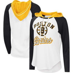 Boston Bruins G-III 4Her by Carl Banks Women's MVP Raglan Lightweight Hooded T-Shirt - White/Heather Black | NHL near me