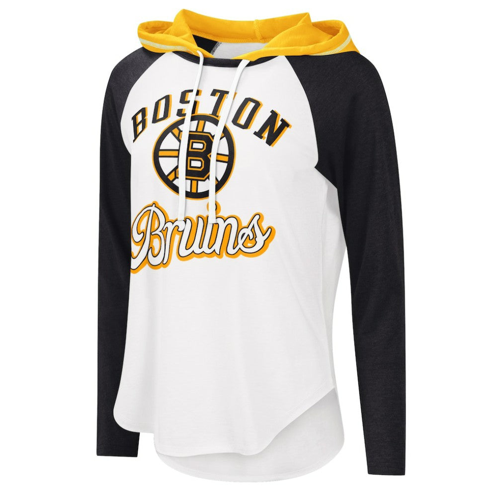 Boston Bruins G-III 4Her by Carl Banks Women's MVP Raglan Lightweight Hooded T-Shirt - White/Heather Black | NHL near me