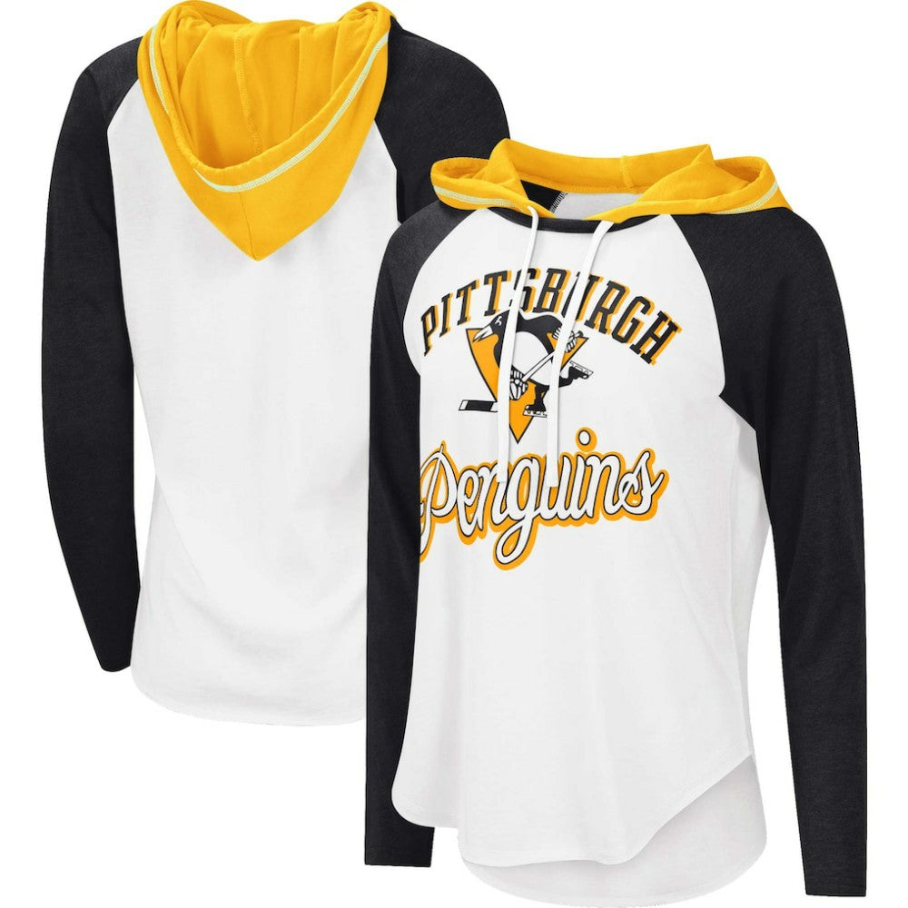 Pittsburgh Penguins G-III 4Her by Carl Banks Women's MVP Raglan Lightweight Hooded T-Shirt - White/Heather Black | NHL sale