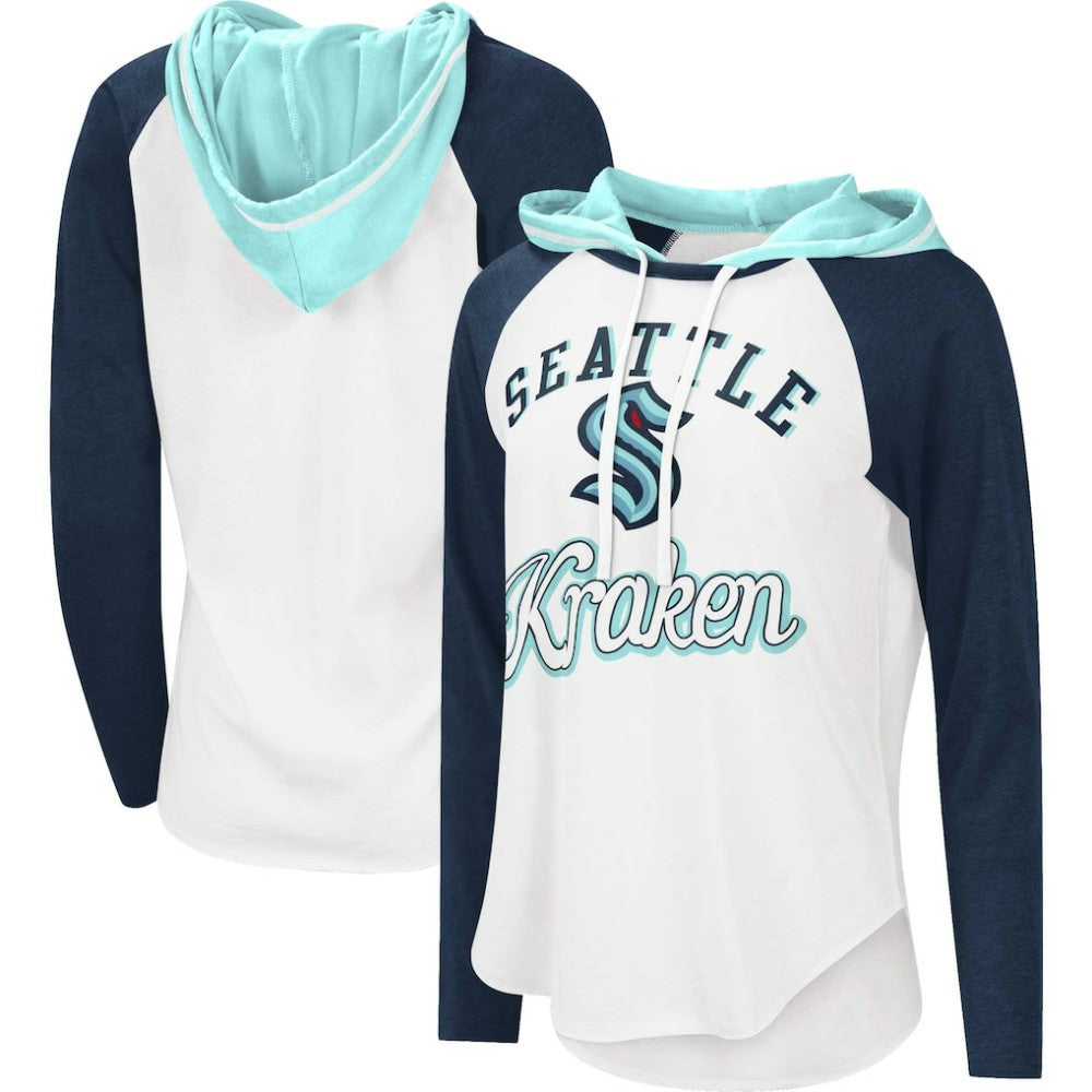 Seattle Kraken G-III 4Her by Carl Banks Women's MVP Raglan Lightweight Hooded T-Shirt - White/Navy | NHL Clearance