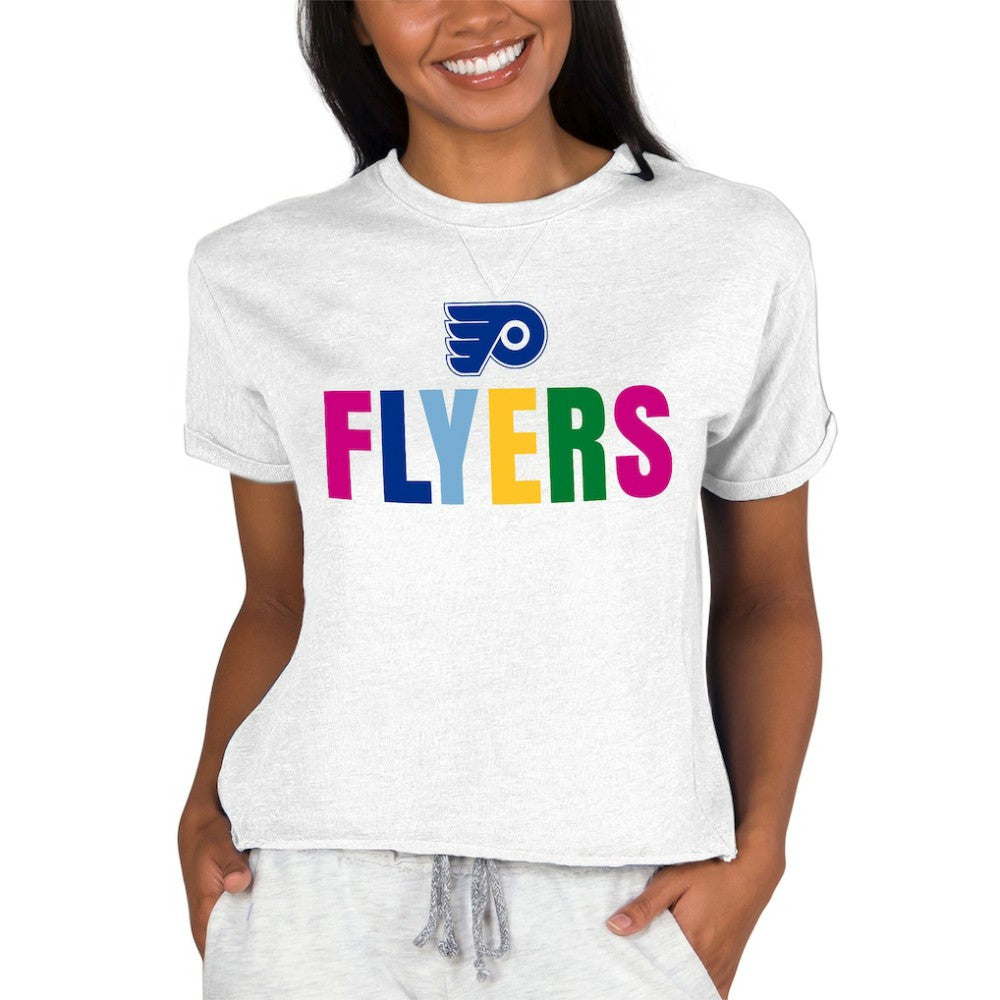 Philadelphia Flyers Concepts Sport Women's Tri-Blend Mainstream Terry Short Sleeve Sweatshirt Top - Oatmeal | NHL Clearance