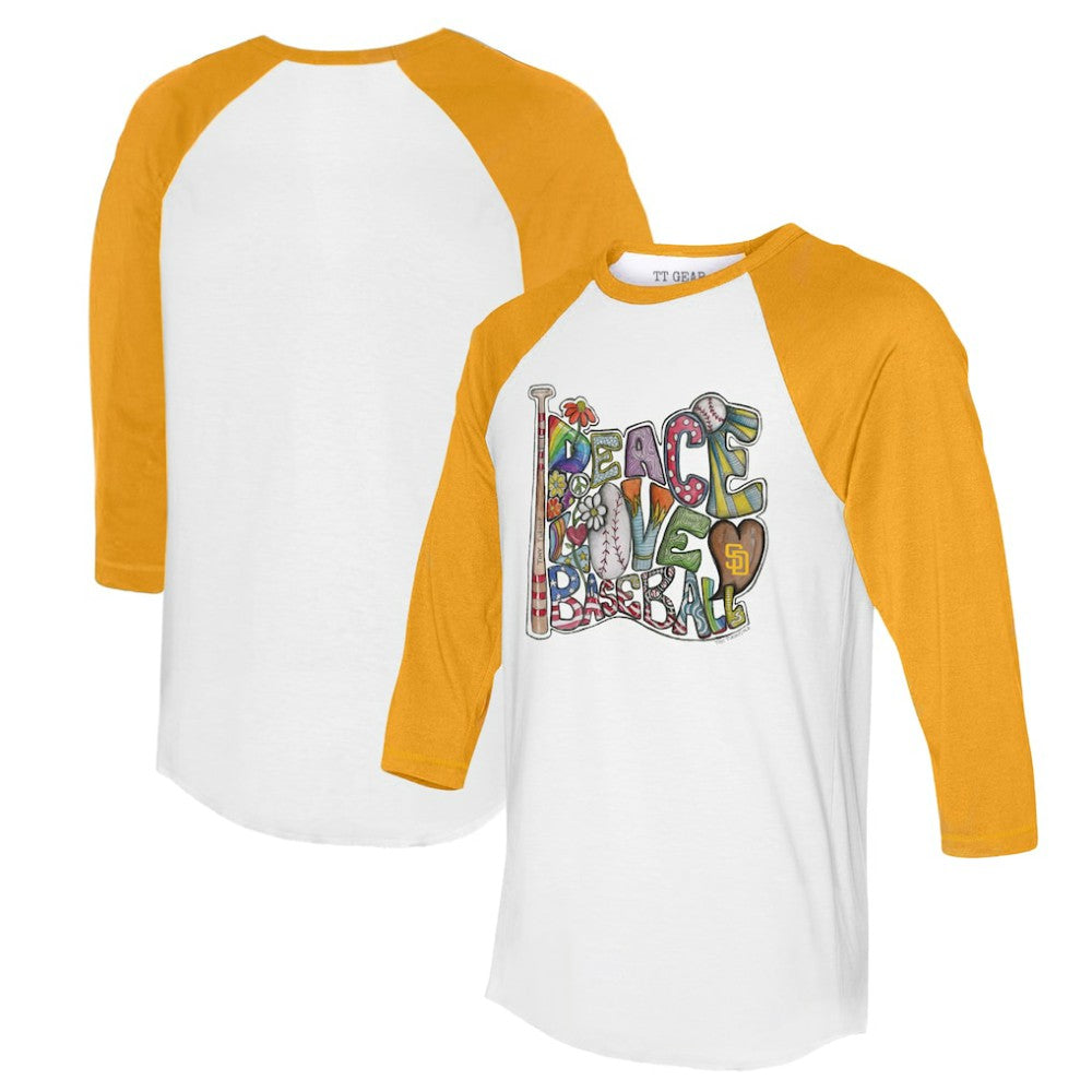 San Diego Padres Tiny Turnip Women's Peace Love Baseball 3/4-Sleeve Raglan T-Shirt Sale
