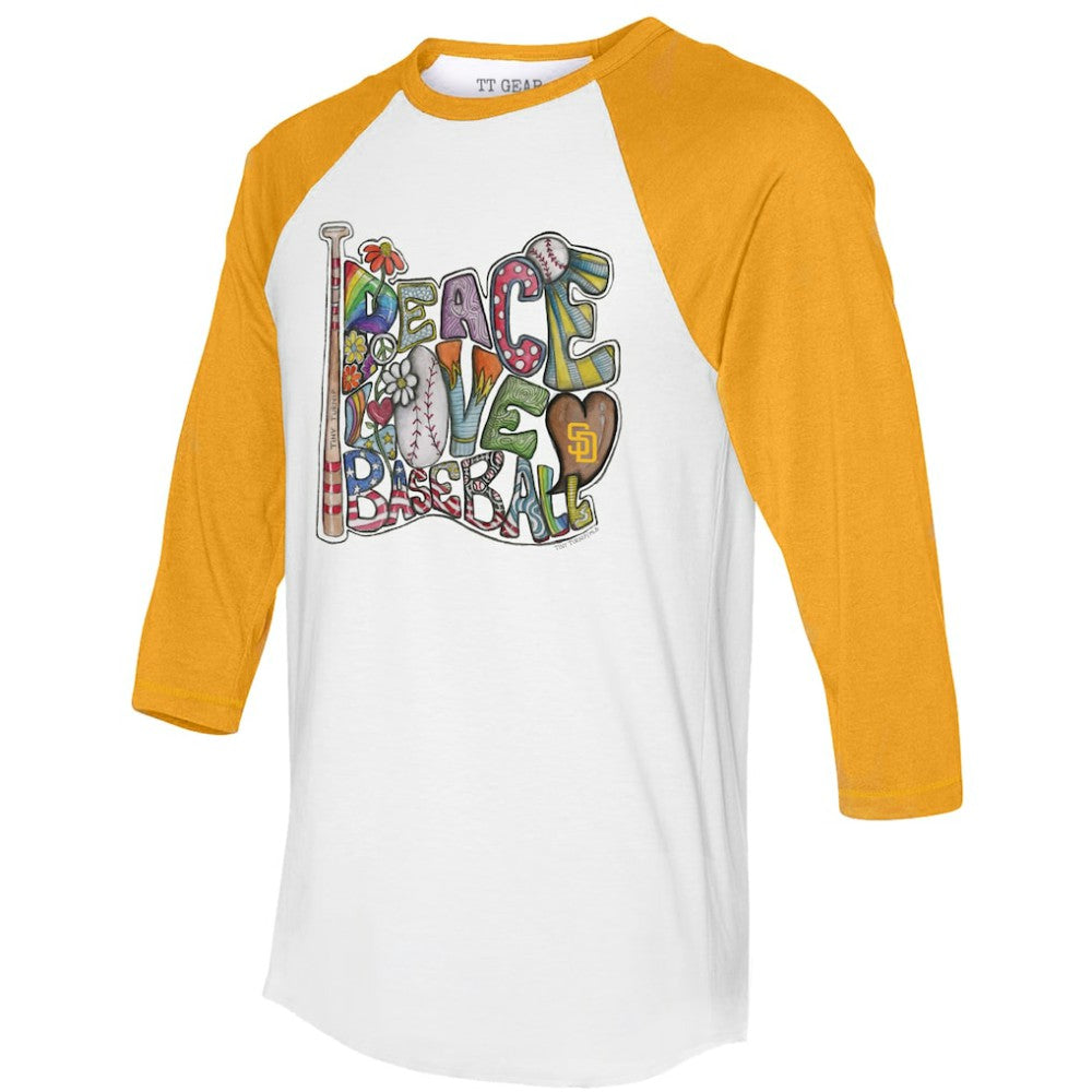 San Diego Padres Tiny Turnip Women's Peace Love Baseball 3/4-Sleeve Raglan T-Shirt Sale