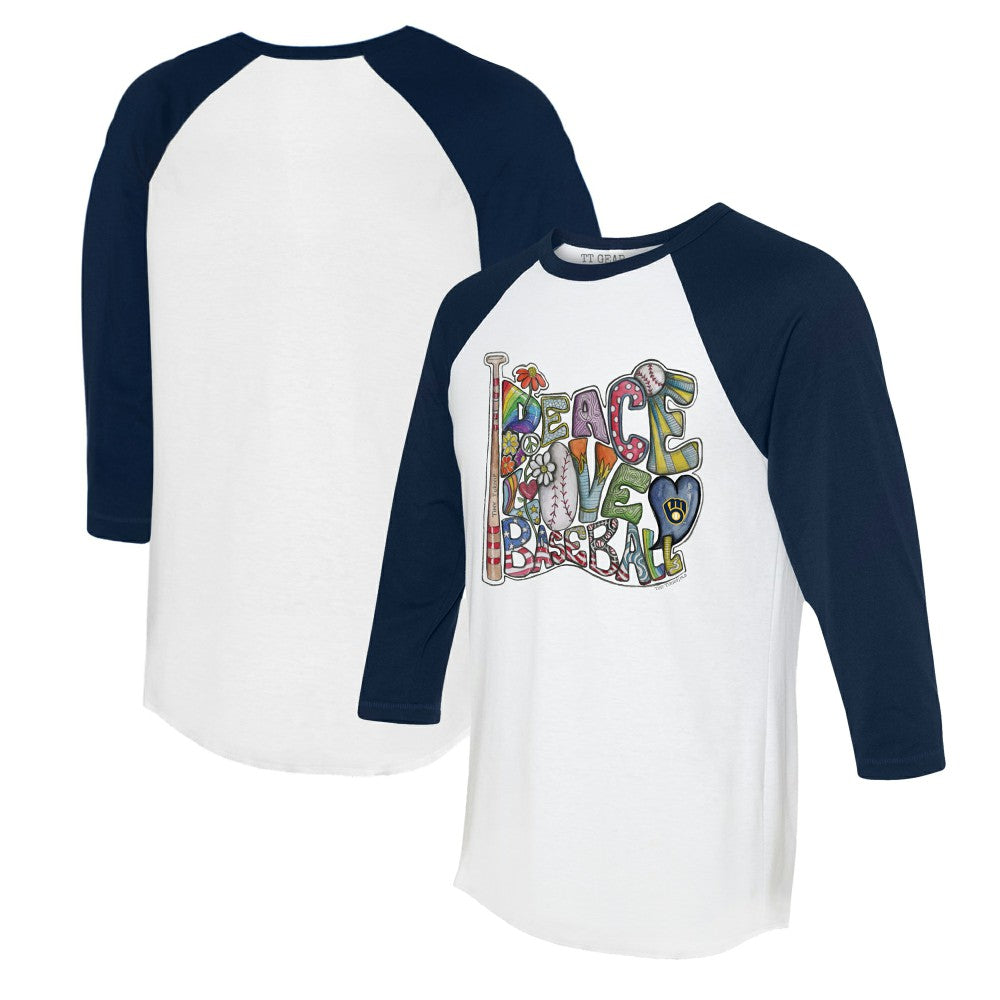 Milwaukee Brewers Tiny Turnip Women's Peace Love Baseball 3/4-Sleeve Raglan T-Shirt Near Me