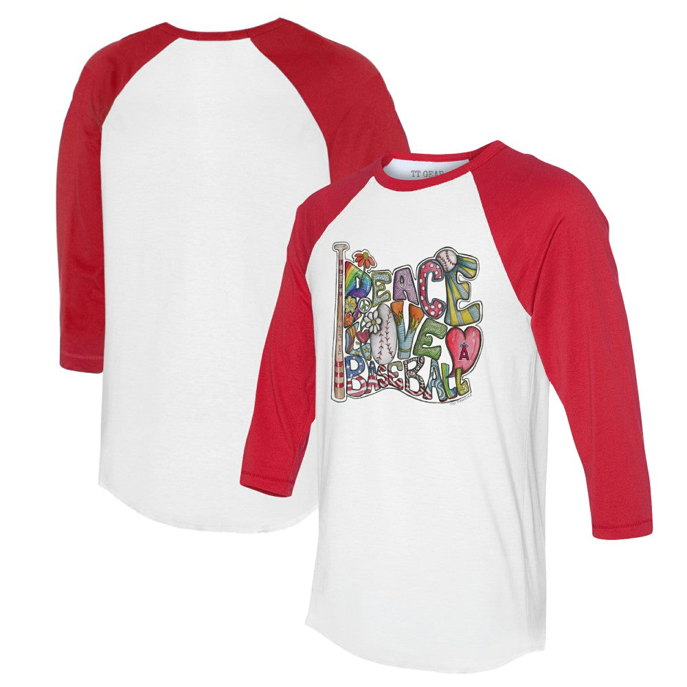 Los Angeles Angels Tiny Turnip Women's Peace Love Baseball 3/4-Sleeve Raglan T-Shirt Outlet