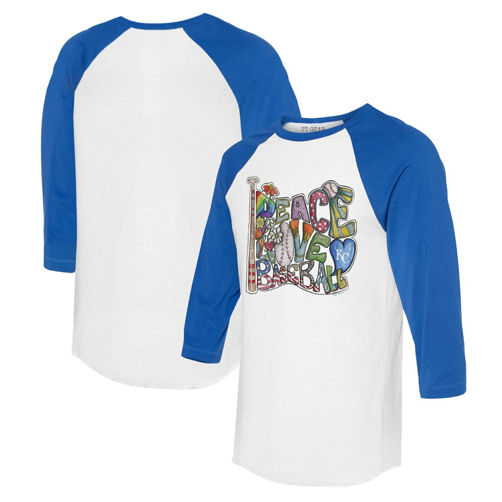 Kansas City Royals Tiny Turnip Women's Peace Love Baseball 3/4-Sleeve Raglan T-Shirt Outlet
