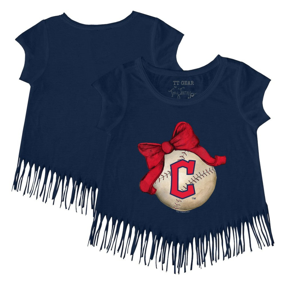 Cleveland Guardians Tiny Turnip Girls Youth Baseball Bow Fringe T-Shirt Outlet
