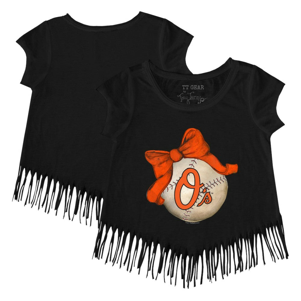 Baltimore Orioles Tiny Turnip Girls Youth Baseball Bow Fringe T-Shirt for sale