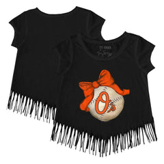 Baltimore Orioles Tiny Turnip Girls Youth Baseball Bow Fringe T-Shirt for sale