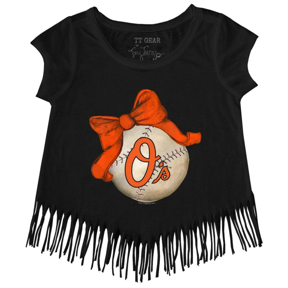 Baltimore Orioles Tiny Turnip Girls Youth Baseball Bow Fringe T-Shirt for sale