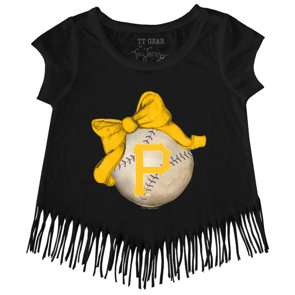 Pittsburgh Pirates Tiny Turnip Girls Youth Baseball Bow Fringe T-Shirt Sale