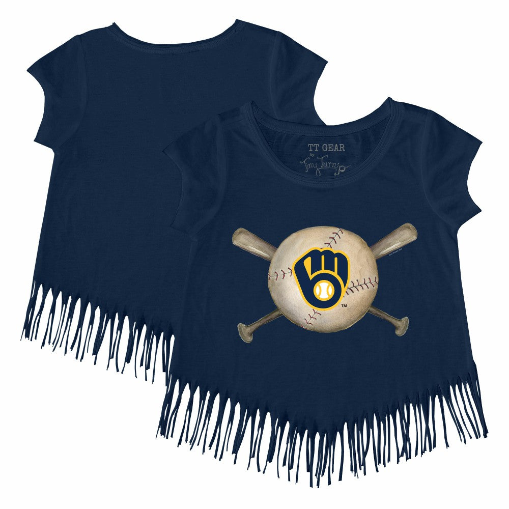 Milwaukee Brewers Tiny Turnip Girls Youth Baseball Cross Bats Fringe T-Shirt Discount