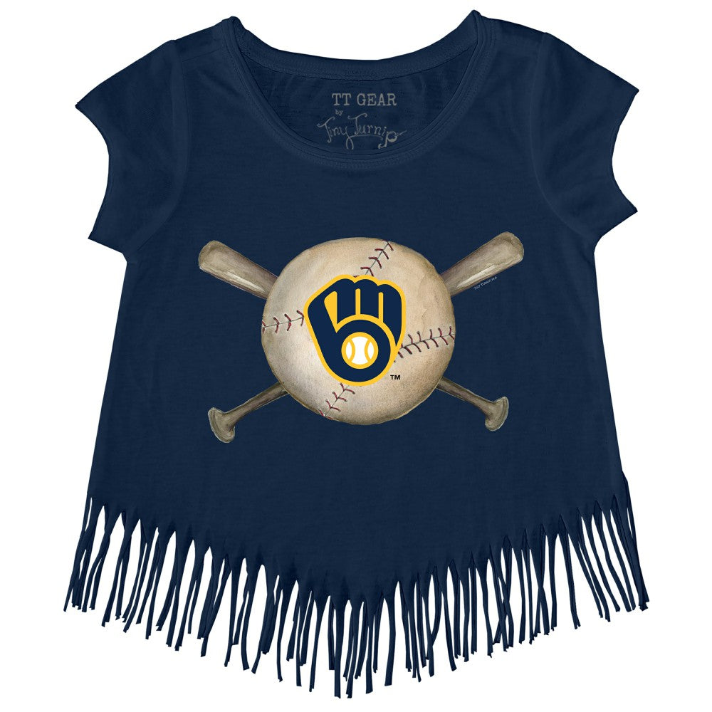 Milwaukee Brewers Tiny Turnip Girls Youth Baseball Cross Bats Fringe T-Shirt Discount