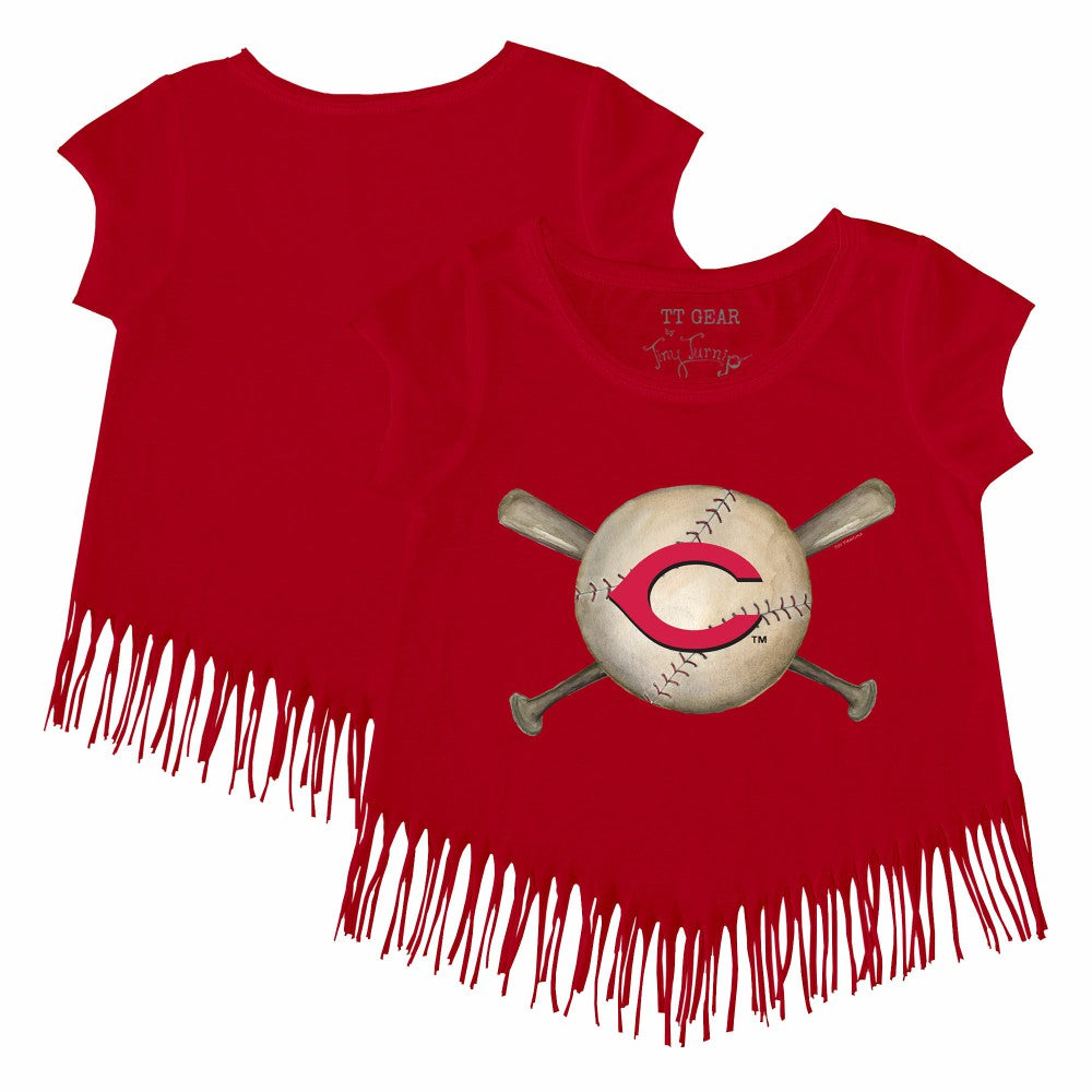 Cincinnati Reds Tiny Turnip Girls Youth Baseball Cross Bats Fringe T-Shirt Online