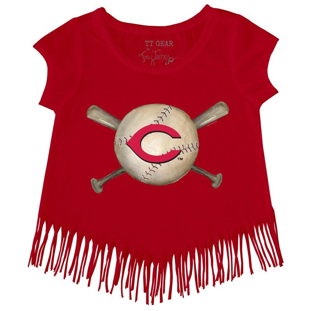 Cincinnati Reds Tiny Turnip Girls Youth Baseball Cross Bats Fringe T-Shirt Online