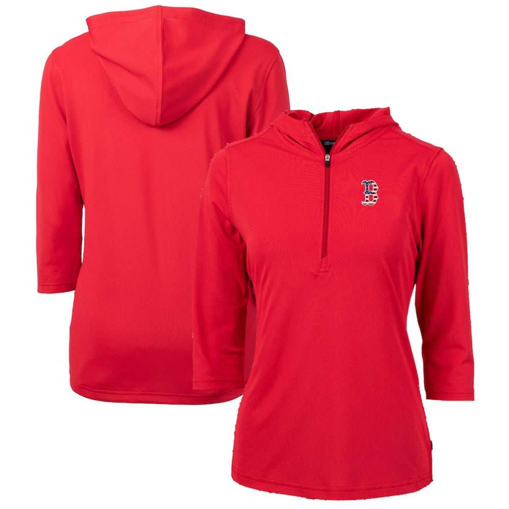 Boston Red Sox Cutter & Buck Women's Americana Logo DryTec Virtue Eco Pique Recycled Half-Zip Pullover Hoodie Outlet