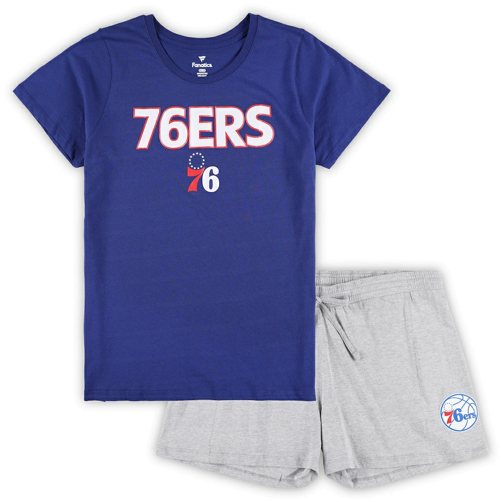 Fanatics Philadelphia 76ers Women's Plus Size T-Shirt & Shorts Combo Set Royal/Heather Gray
