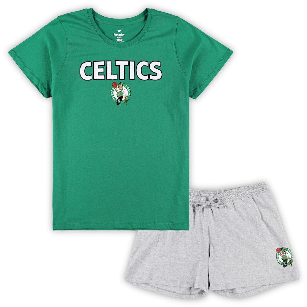 Fanatics Boston Celtics Women's Plus Size T-Shirt & Shorts Combo Set Kelly Green/Heather Gray