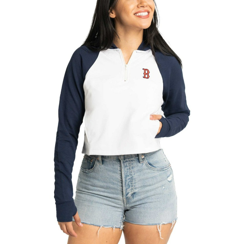 Boston Red Sox Lusso Women's Jane Raglan Quarter-Zip Tri-Blend Cropped Pullover Hoodie Outlet